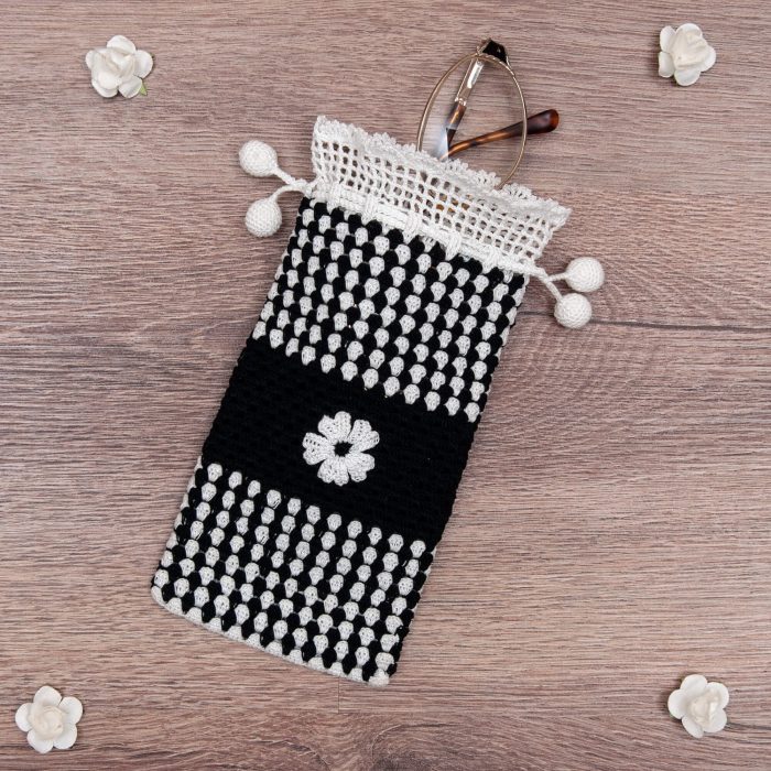 Handmade Crocheted Bicolor With Spotted Textured Case With Tiny Flower Angle Shot