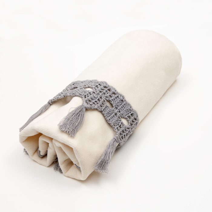 Cream Cotton Face Hand Gray Crocheted Towel With Tassels Rolled Shot