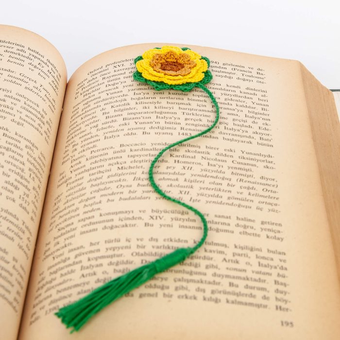 Customizable Sunflower Crochet Bookmark Book Angle Shot