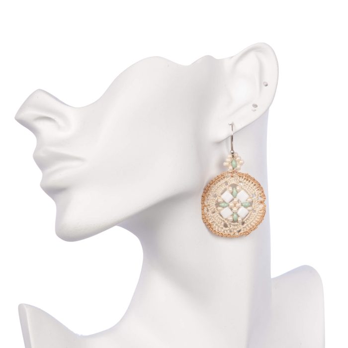 Ecru and Caramel Jewelry Crochet Earrings with White Beads and Earrings Hook options Close Head Angle Shot