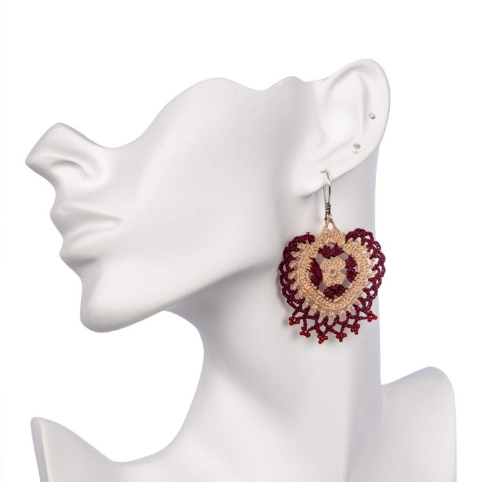 Handmade Micro Crochet Jewelry With Caramel and Claret Red Tassels Head Close Side Shot