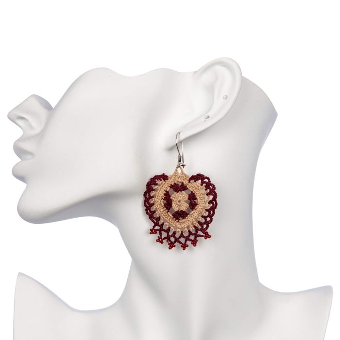 Handmade Micro Crochet Jewelry With Caramel and Claret Red Tassels Head Side Shot