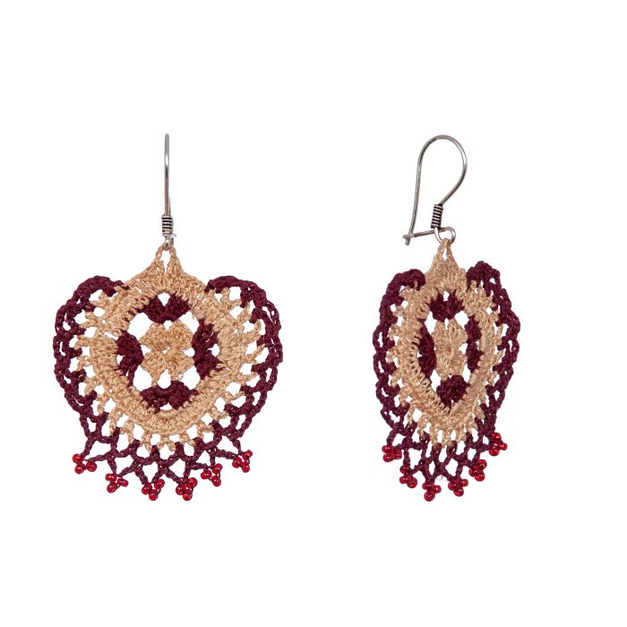 Handmade Micro Crochet Jewelry With Caramel and Claret Red Tassels Side Shot