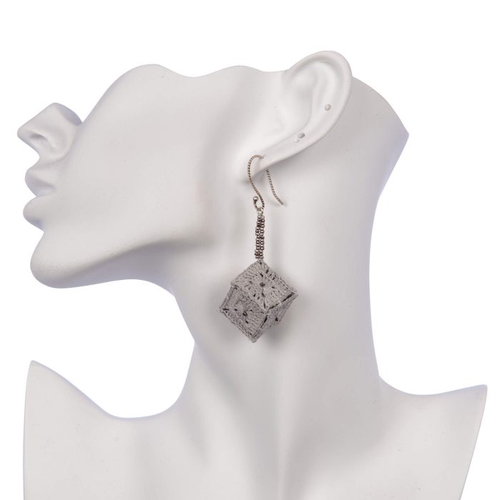 Micro Crochet and Beaded Jewelry Cube Earrings with Handmade Twisted Hooks Close Head Shot