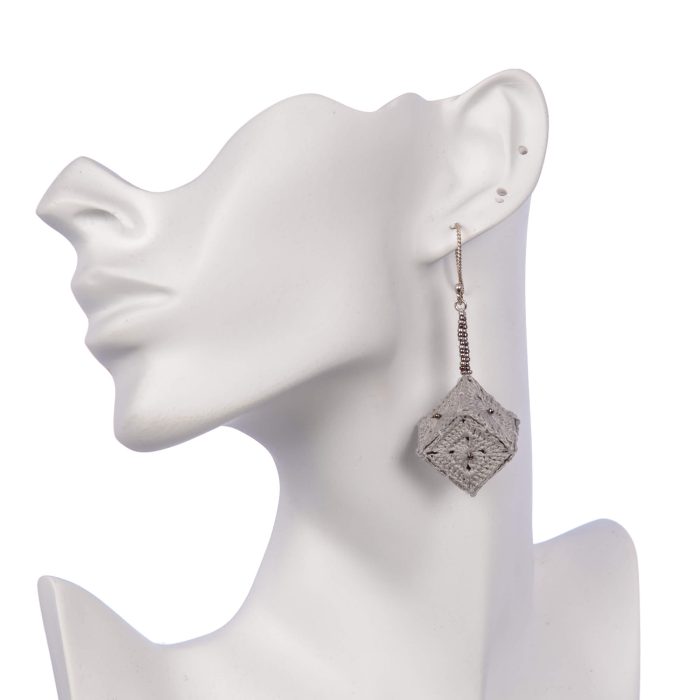 Micro Crochet and Beaded Jewelry Cube Earrings with Handmade Twisted Hooks Close Side Head Shot