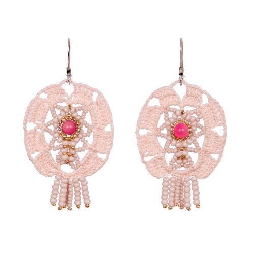 Pink Crochet Earrings With Beading Works