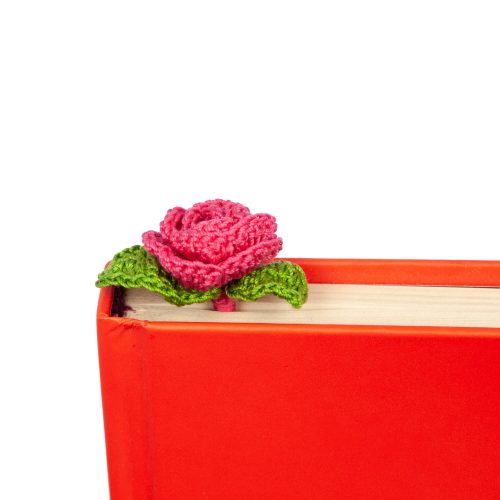 Red Micro Crochet Floral Bookmark With Leaves and Stem Part Book Shot