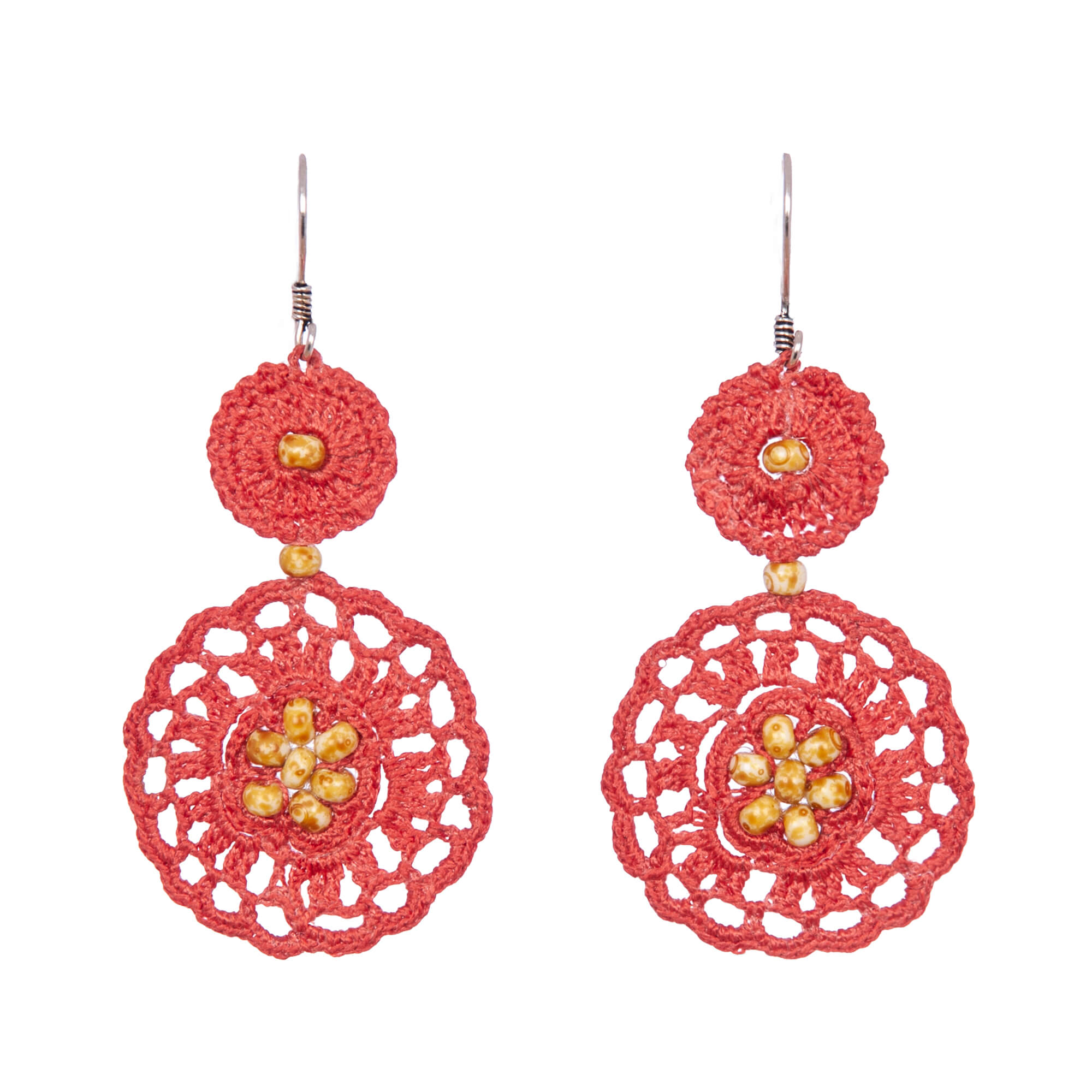 Unique Red Crochet and Beaded Earrings With Separate Round Parts