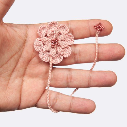 Floral Crochet Salmon Color Beaded Bookmark With Unique Tassel Bookmark Hand Shot