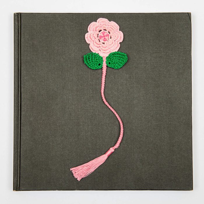 Four Layered Pink Crochet Flower Bookmark Book Shot