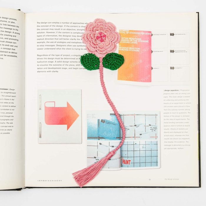 Four Layered Pink Crochet Flower Bookmark Inside Book Shot