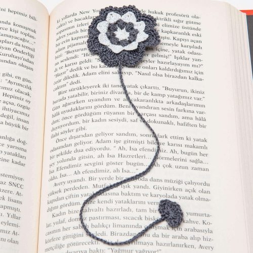 Handmade Crochet Anthracite Color Floral Bookmark with Heart Shaped Tassel Close Shot