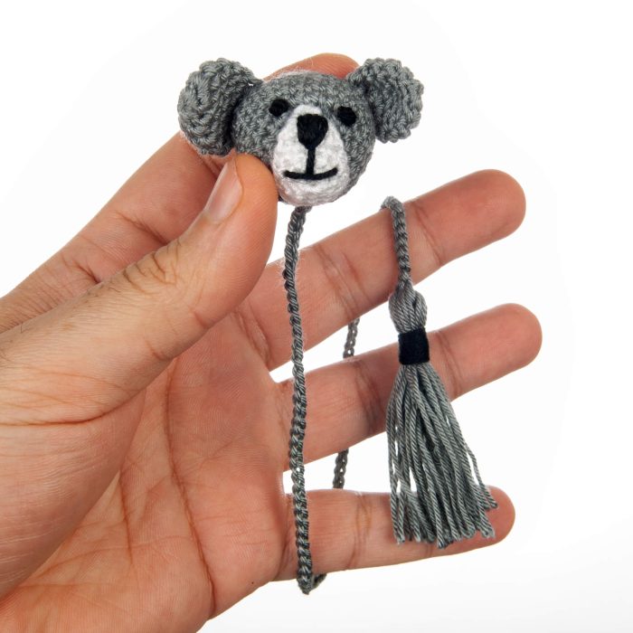 Amigurumi Crochet Koala Animal Toy Bookmark With Tassel Hand Front Shot