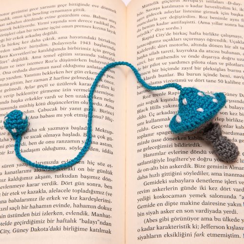Blue Spotted Mushroom Bookmark With Round Crocheted Ponpon on book