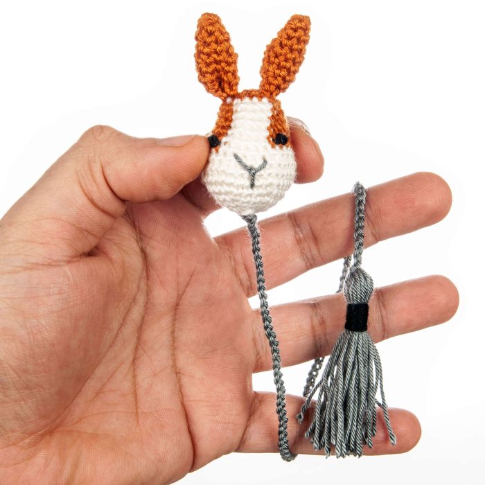 Crochet Amigurumi Bunny Plushie Bookmark Accessory Front Hand Shot