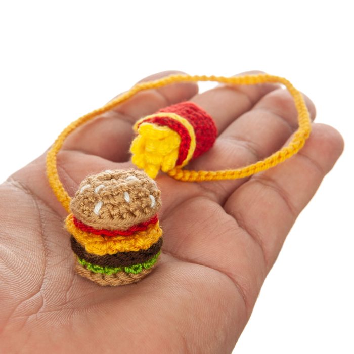 Crochet Hamburger Bookmark With French Fries Tassel Hand Detail Shot