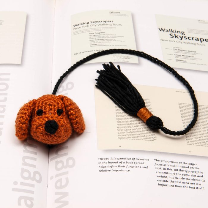 Crochet Handmade Puppy Amigurumi Bookmark Plushie On Book Shot