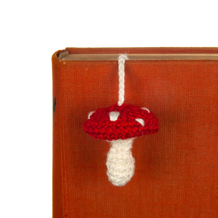 Cute Crocheted Red Mushroom Bookmark Gift On Book Shot