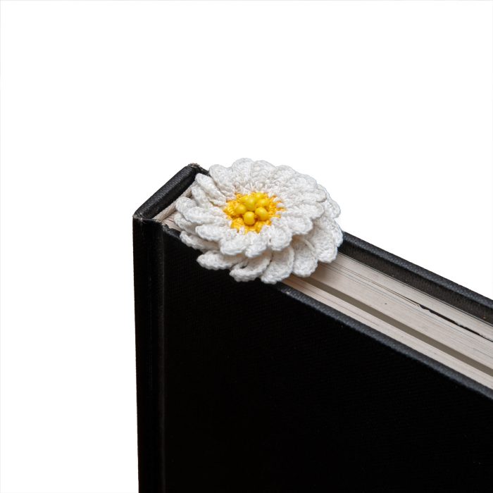 Delicate and Artistic Two-Layered Handmade Micro Crocheted Beaded Daisy Bookmark with Tassel Book Angle Shot