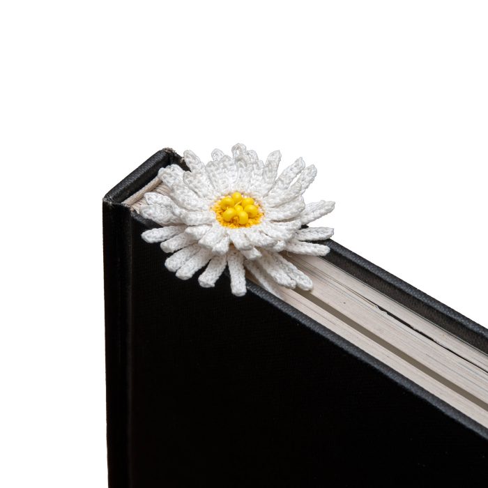 Elegant Two-Layered Handmade Micro Crocheted Beaded Daisy Bookmark with Tassel Book Angle Shot