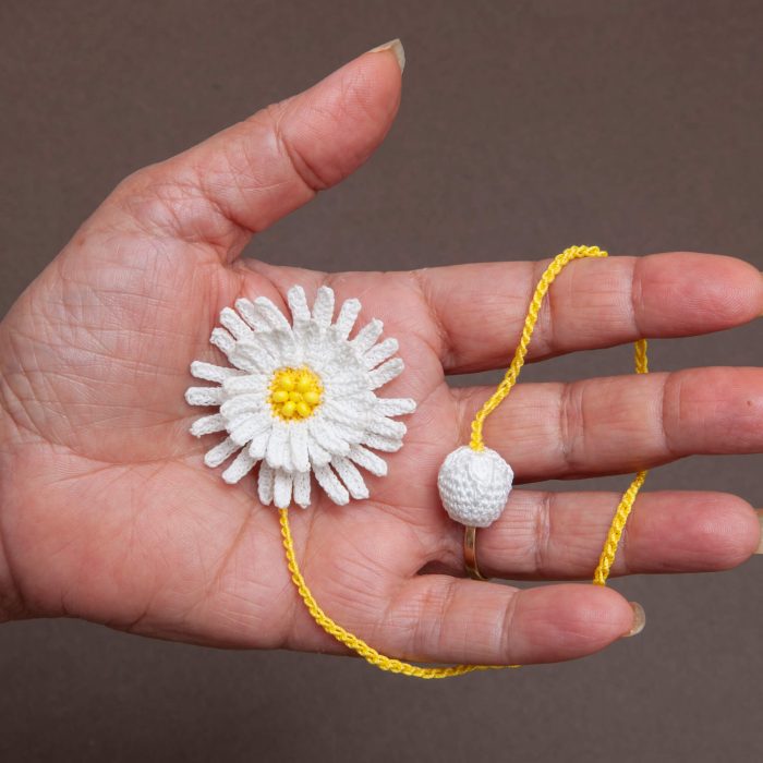 Elegant Two-Layered Handmade Micro Crocheted Beaded Daisy Bookmark with Tassel Hand Shot