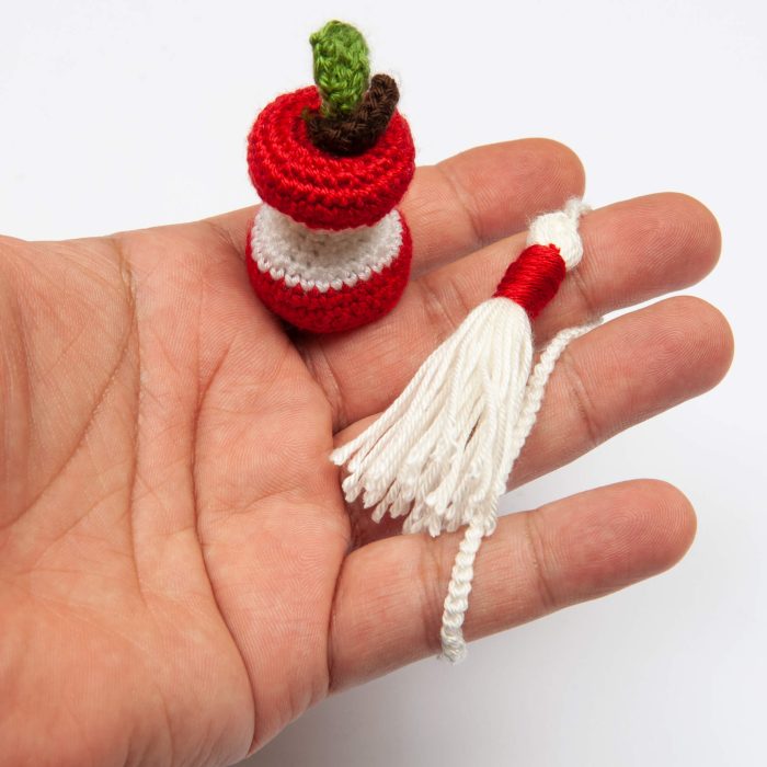 Handmade Amigurumi Crocheted Eaten Apple Bookmark With Tassel Gift for Booklovers On Hand Shot