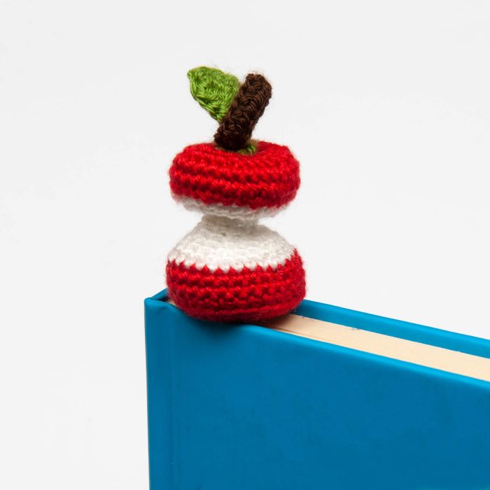 Handmade Amigurumi Crocheted Eaten Apple Bookmark With Tassel angle Shot