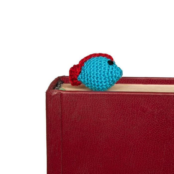 Handmade Blue Crochet Amigurumi Fish Bookmark Soft Toy Over Book Shot