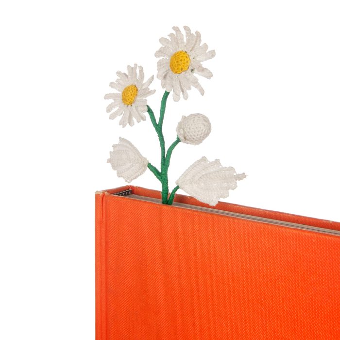 Micro Crochet White Daisy With Leaves Floral Bookmark Vintage Gift For Mother's Day Inside Book Angle Ahot