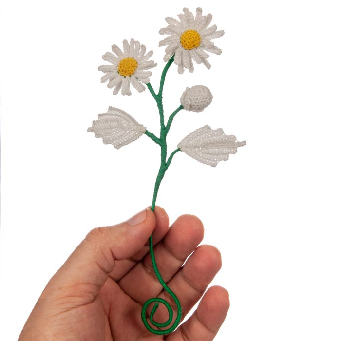 Micro Crochet White Daisy With Leaves Floral Bookmark Vintage Gift For Mother's Day Inside hand Shot