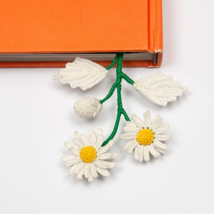 Micro Crochet White Daisy With Leaves Floral Bookmark Vintage Gift For Mother's Day On Desk Close Shot