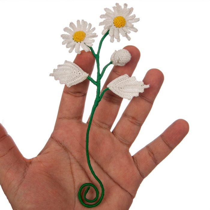 Micro Crochet White Daisy With Leaves Floral Bookmark Vintage Gift For Mother's Day On hand Shot