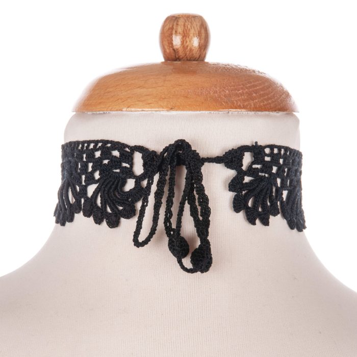 Victorian Style Black Adjustable Lace Cotton Crochet Choker with Crochet Cord Backside Shot