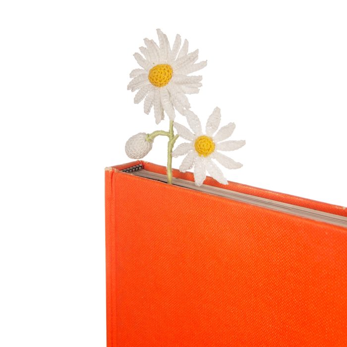 Two White Micro Crochet Handmade Daisy Flower Bookmark Book Angle Shot
